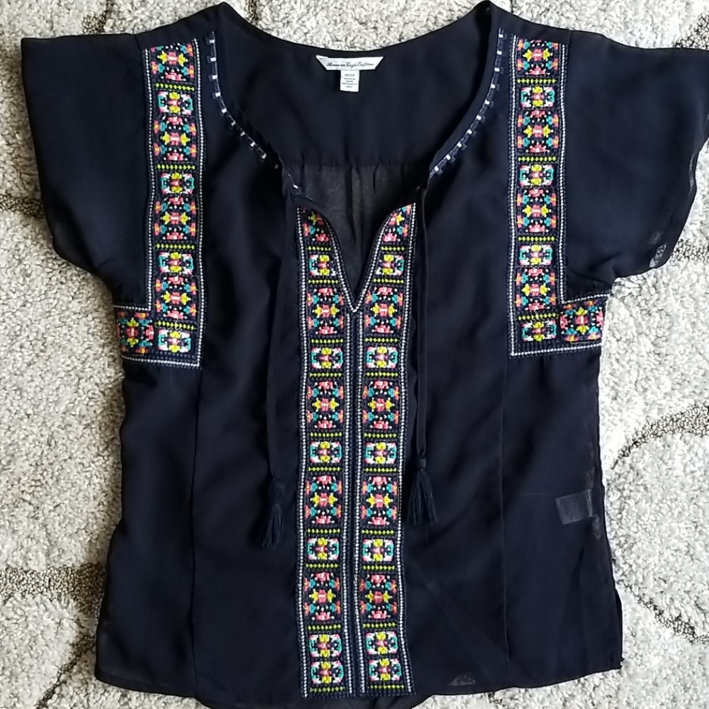 LOFT Navy Blue Sheer Embroidered Top